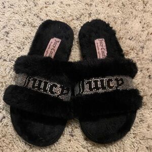 Juicy Couture Black Furry Slides with Rhinestones